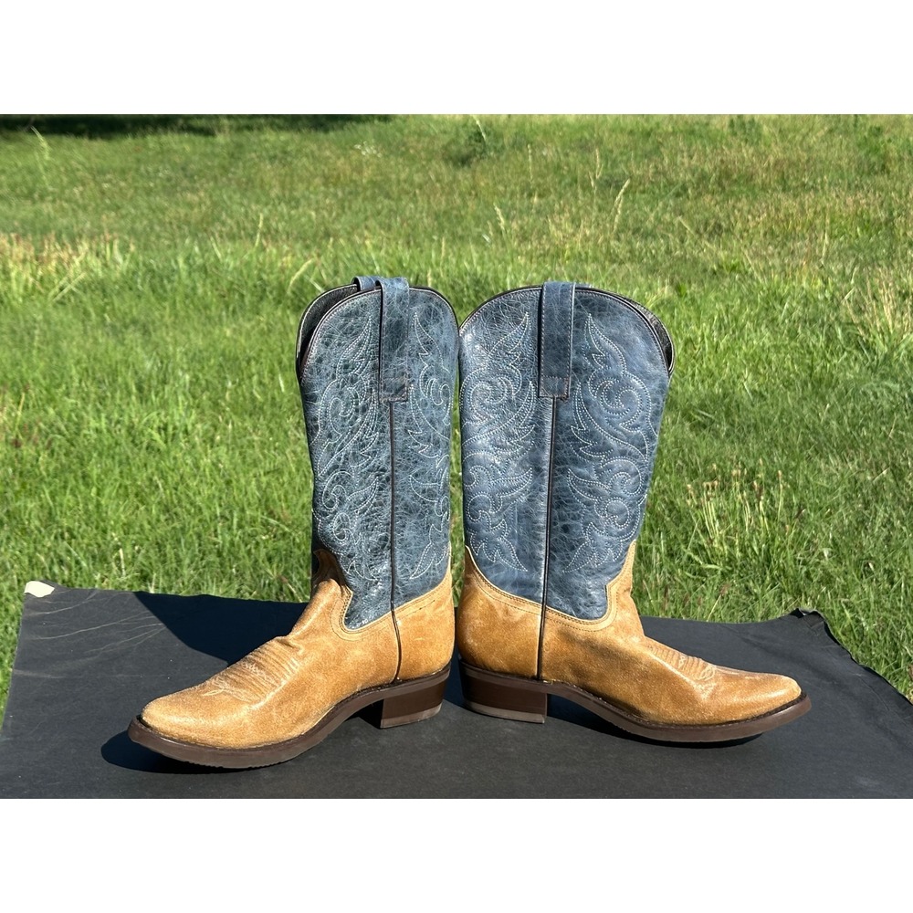 Masterson Boot Co Men's 10 M Western Cowboy Boots Tan Blue Roughout Leather Toe